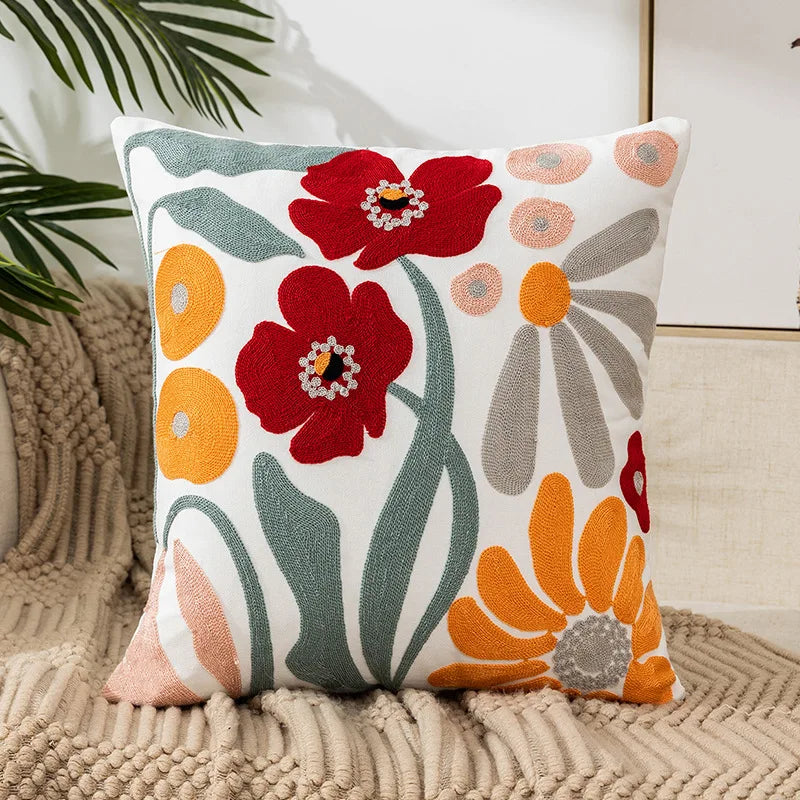 Hand-Embroidered Linen Floral Pillow Cover